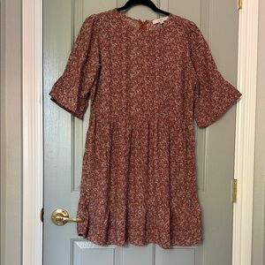 LOFT Women's Dress Rust Floral Tiered Short Sleeve Dress